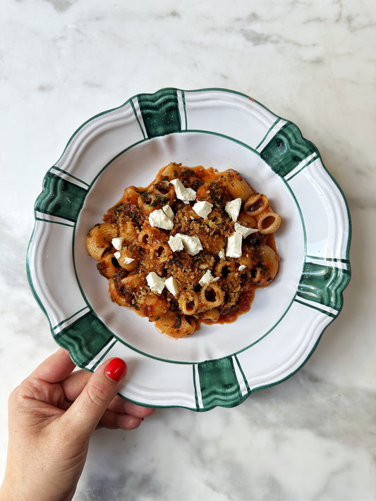 Dirty Martini Pasta Sauce with Greens, Lemon Pangrattato and Feta
