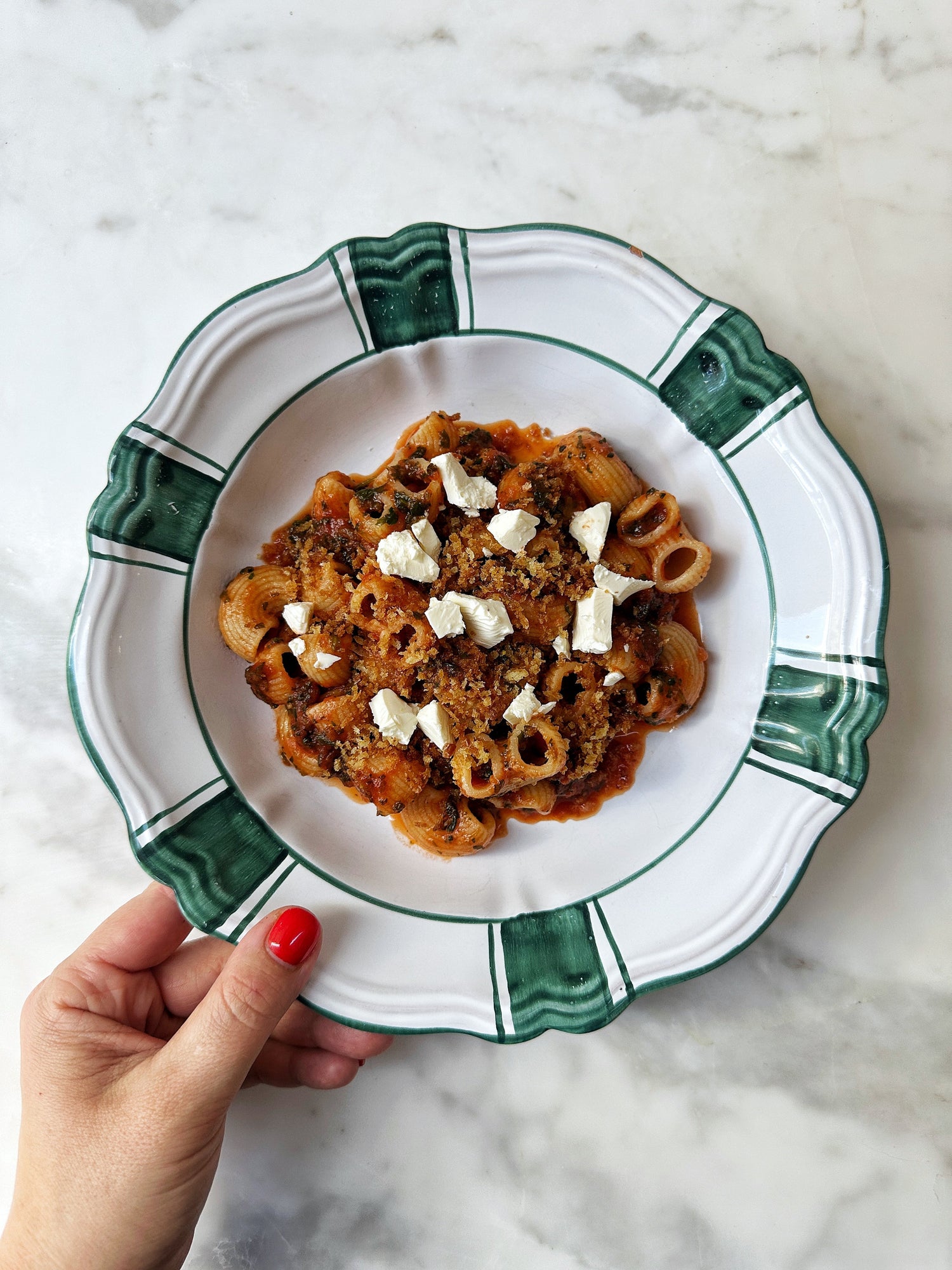 Dirty Martini Pasta Sauce with Greens, Lemon Pangrattato and Feta