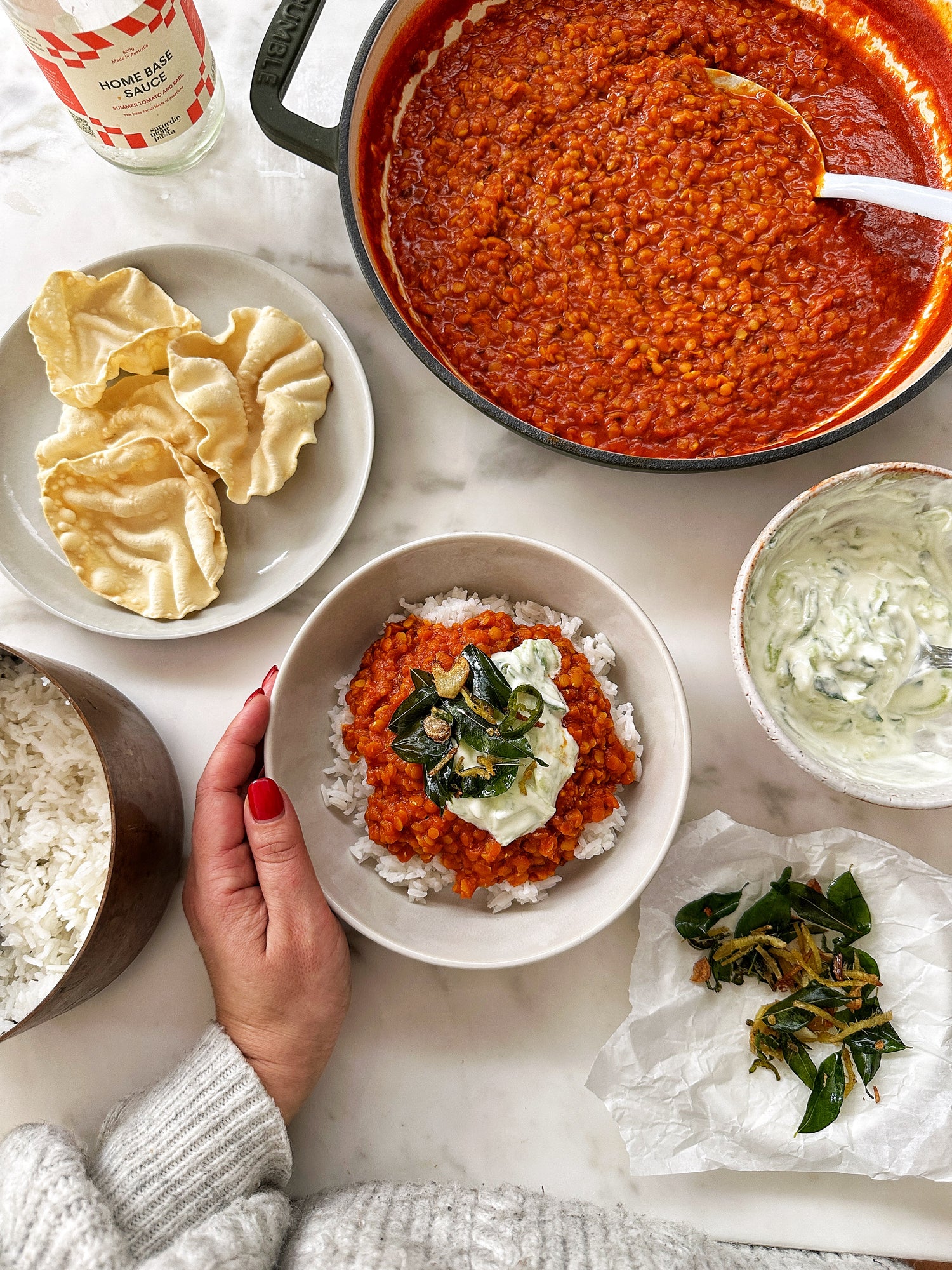 Home Base Rich Tomato Dahl with Crispy Curry Leaves