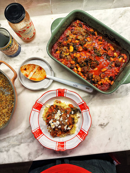 One Tray Bean, Greens and Sausage Bake