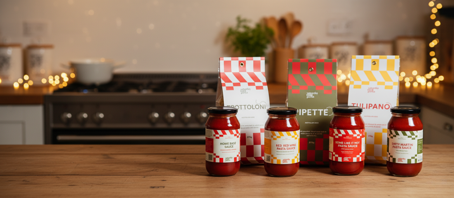 Range of Saturday Night Pasta sauce jars and boxes of pasta on a kitchen counter with lights in the background